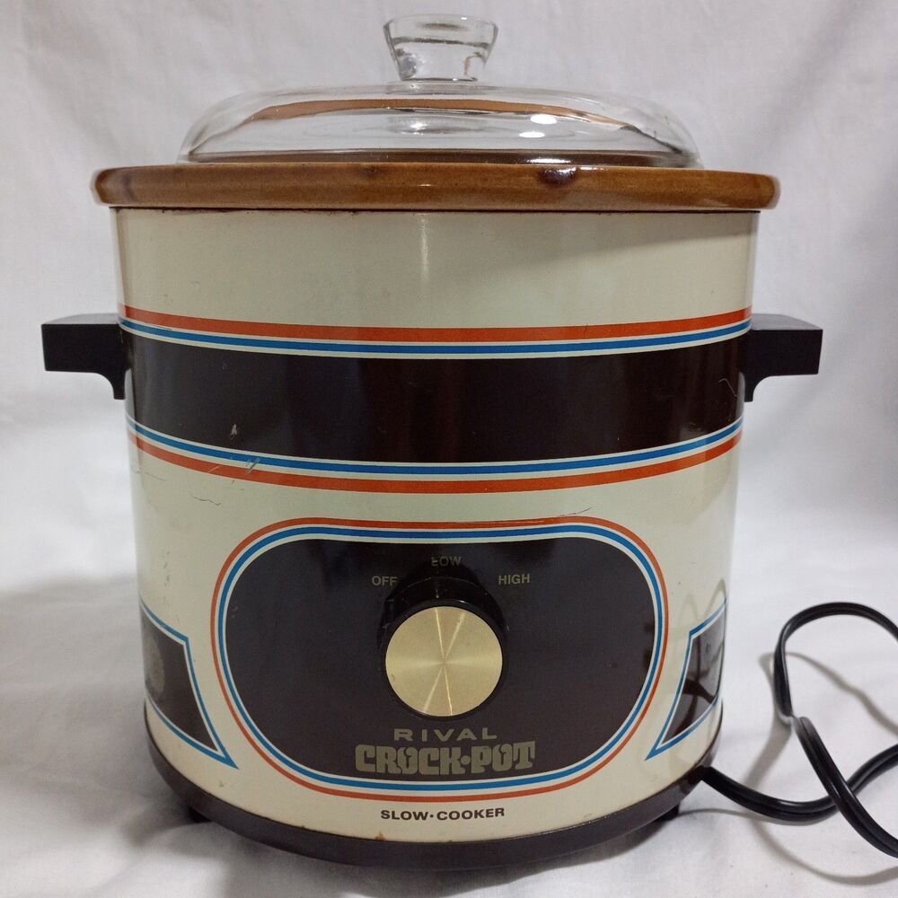 VTG Rival Crock Pot Model 3100 3.5 Qt Slow Cooker Stripes with Glass Lid Works!